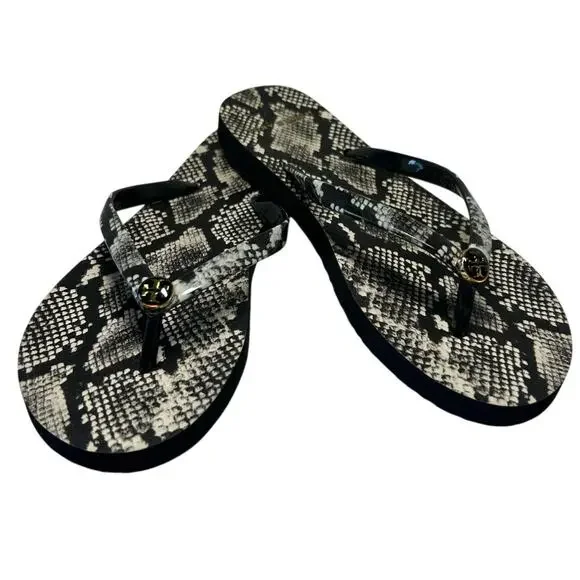 Tory Burch Flip Flops in the Black and White Roccia Snakeskin print. Size 6 - Picture 1 of 9